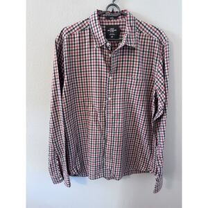 H&M men's size large slim-fit red white black checkered plaid button-up shirt